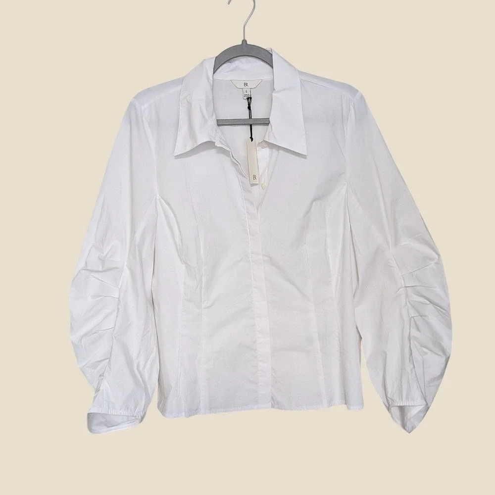 NWT Banana Republic Lish Cotton Poplin Pleated Sleeve Blouse Shirt Large